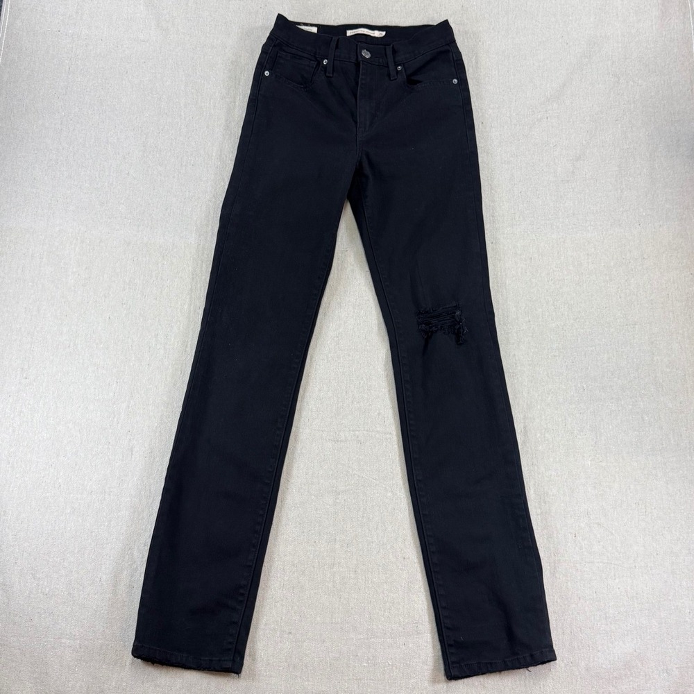 Levis Premium 724 High Rise Straight Jeans Black Distressed Women's 25x32